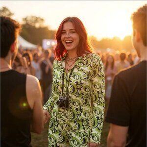 Badee ✦ Milky Way Shirt ✦ Lime Green Celestial Print Flared Sleeve Zip Front S